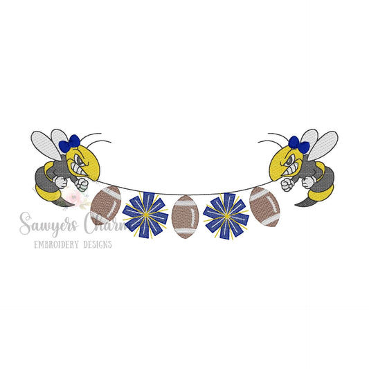 Yellow jacket mascot with football & pompoms bunting, sketch stitch embroidery design, cheerleading, coquette bows, hornets