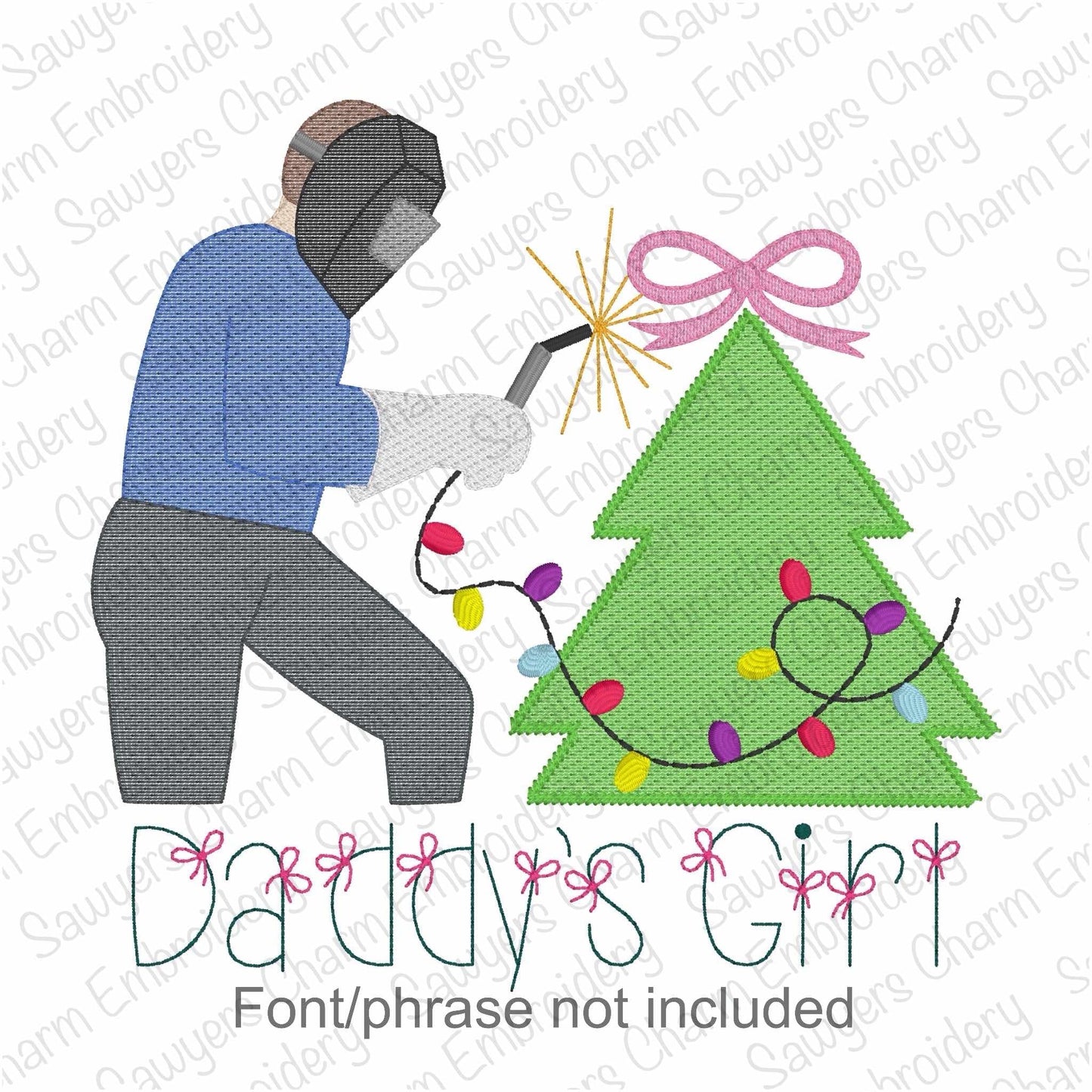 Christmas tree welder with coquette bow & lights sketch stitch machine embroidery design, quick stitch, holidays, Merry Christmas, welding