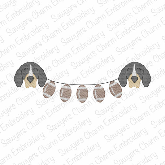 Hound dog mascot footballs bunting banner, sketch stitch machine embroidery design, quick stitch, college university sports