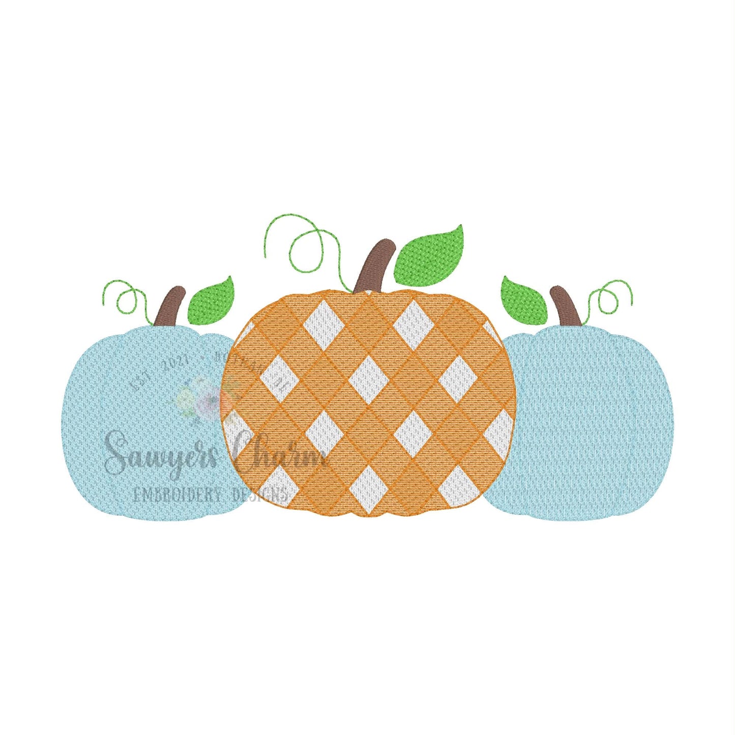 Gingham pumpkins trio, sketch stitch embroidery design BUNDLE, with/without coquette bow, fall