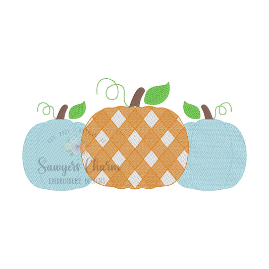 Gingham pumpkins trio, sketch stitch embroidery design BUNDLE, with/without coquette bow, fall