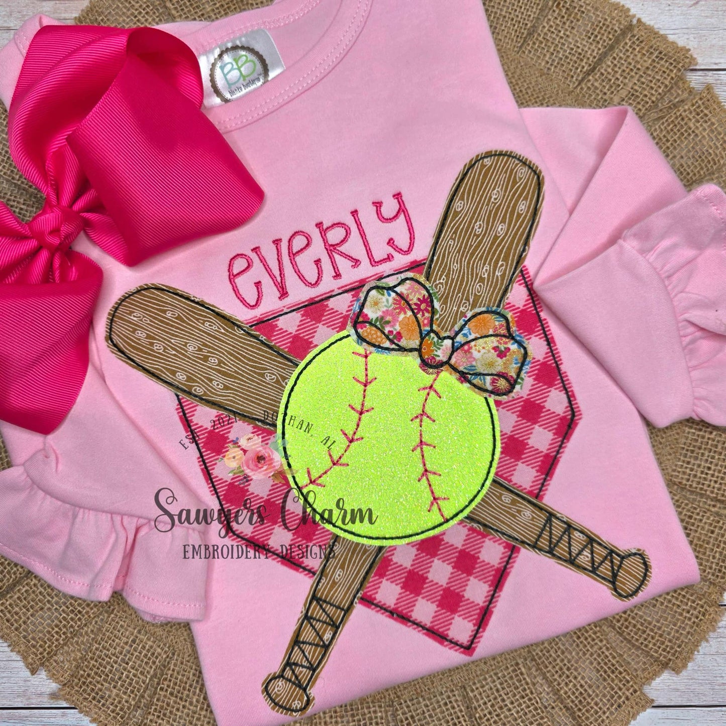 BUNDLE Baseball bats/home plate zig zag & bean stitch with coquette bow machine applique, embroidery design, softball player