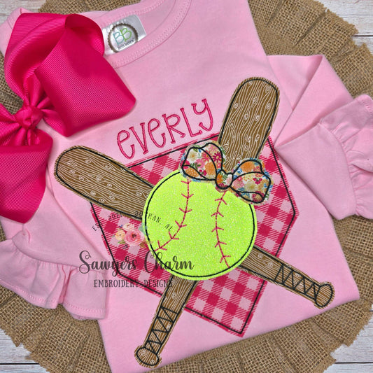 BUNDLE Baseball bats/home plate zig zag & bean stitch with coquette bow machine applique, embroidery design, softball player