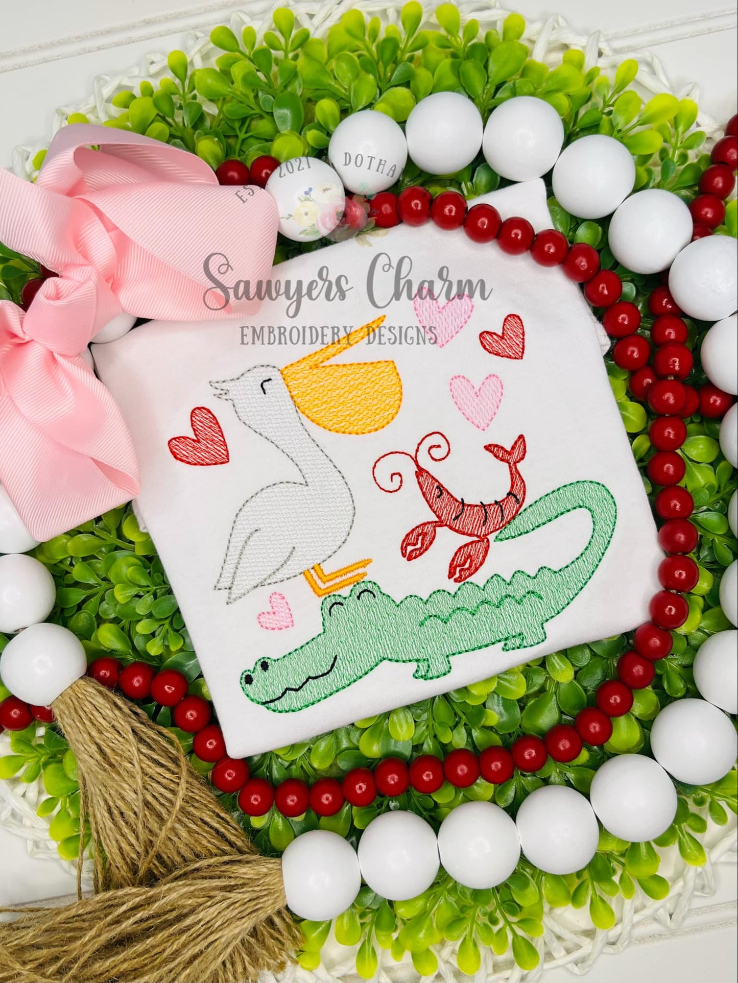 Valentine's Day stacked animals with hearts sketch stitch machine embroidery design, alligator, crawfish, pelican
