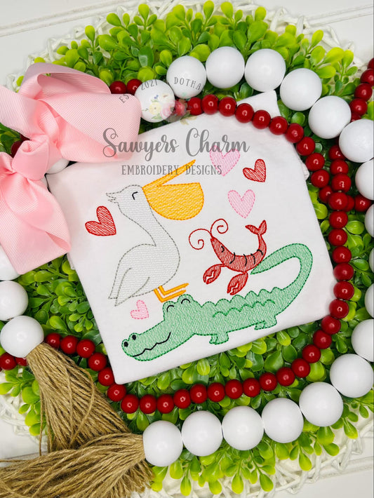 Valentine's Day stacked animals with hearts sketch stitch machine embroidery design, alligator, crawfish, pelican