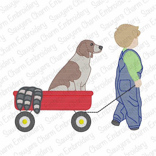 Little boy pulling wagon with coonhound dog sketch stitch machine embroidery design, coon hunting, outdoors