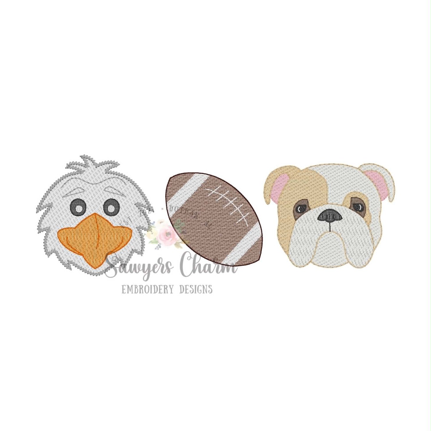 Eagle, football, and bulldog trio, sketch stitch embroidery design BUNDLE, with/without bow, house divided