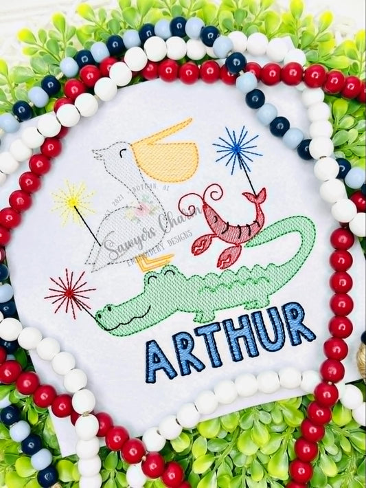 Patriotic pelican, crayfish, alligator trio with sparklers sketch stitch machine embroidery design, Fourth of July, Memorial Day