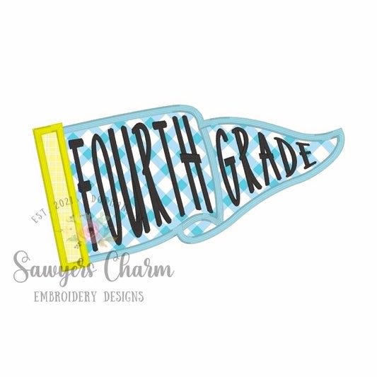 Fourth Grade Pennant satin stitch applique, with coquette bow, ITH project, back to school