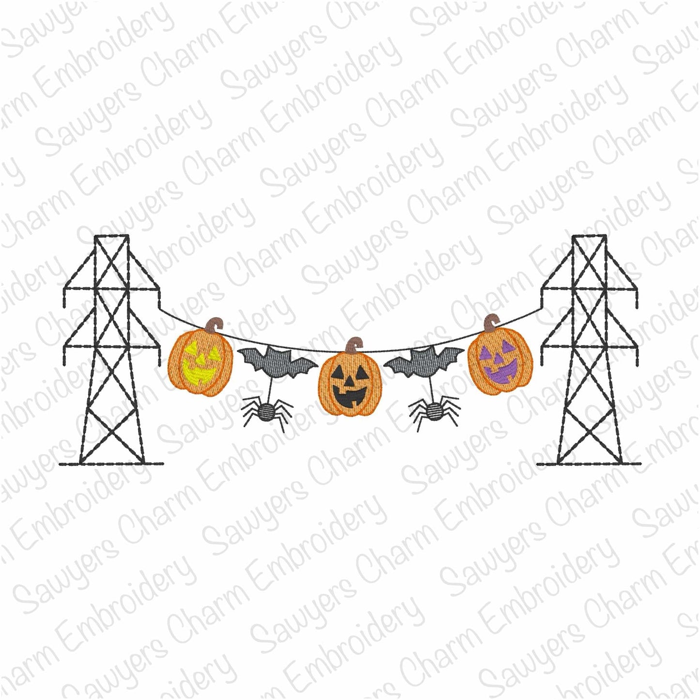 Transmission tower lineman Halloween bunting banner, sketch stitch machine embroidery design, pumpkins, bats, spiders, power line