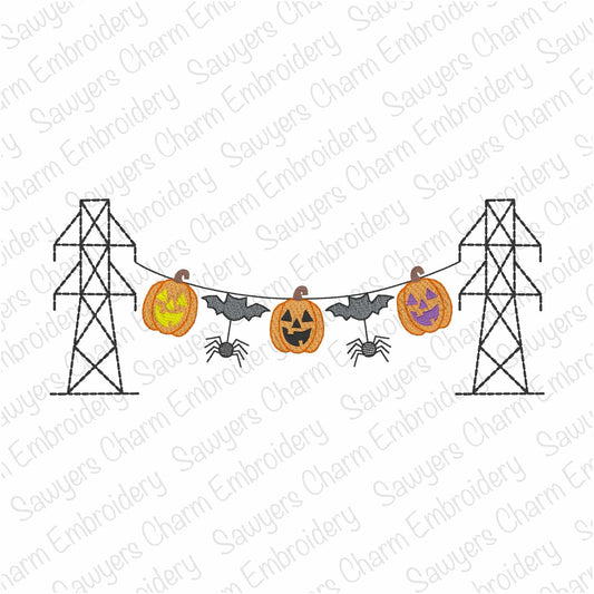 Transmission tower lineman Halloween bunting banner, sketch stitch machine embroidery design, pumpkins, bats, spiders, power line