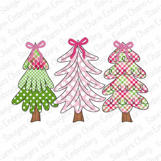 Whimsical Christmas trees trio with coquette bows bean stitch machine applique embroidery design, Woodland, boho, modern, trendy, preppy