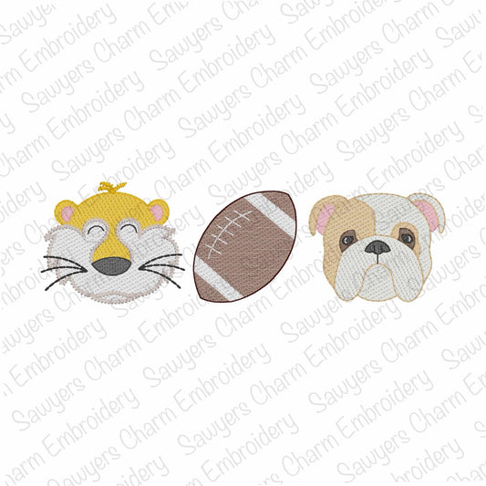 BUNDLE Tiger & bulldog mascot with football trio, sketch stitch machine embroidery design, fall sports, quick stitch, college, house divided