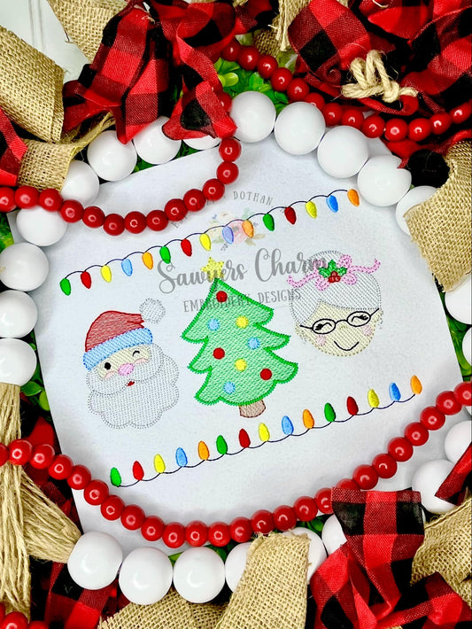 Santa/Christmas tree/Mrs. Claus trio with lights border sketch stitch machine embroidery design file, HO HO HO, merry, happy holidays