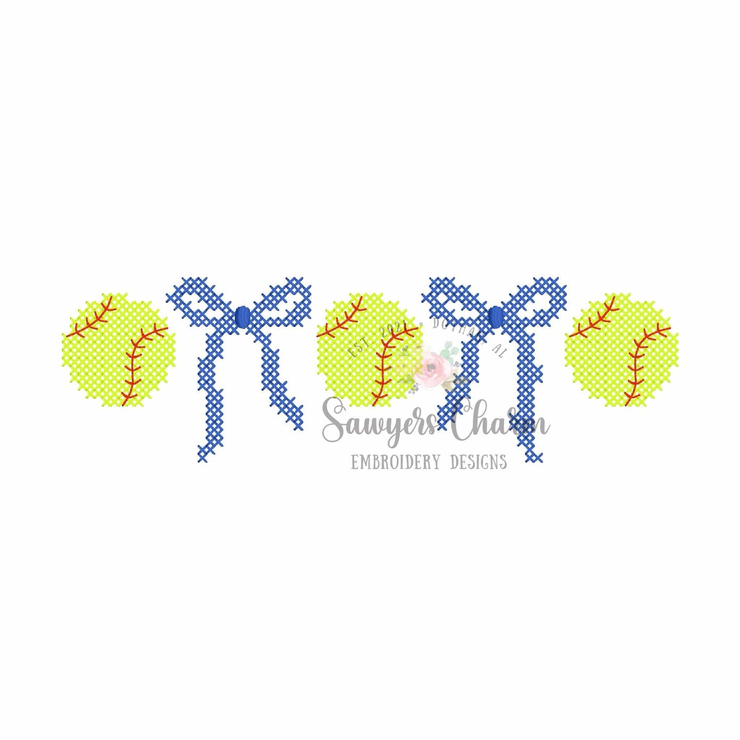 Trendy Coquette Bows & baseballs/softballs cross-stitch, machine embroidery design, Larger sizes included, perfect for sports fan/mom, cheer
