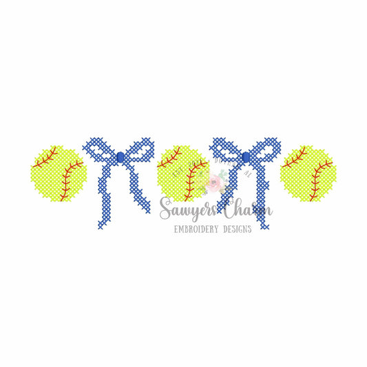 Trendy Coquette Bows & baseballs/softballs cross-stitch, machine embroidery design, Larger sizes included, perfect for sports fan/mom, cheer