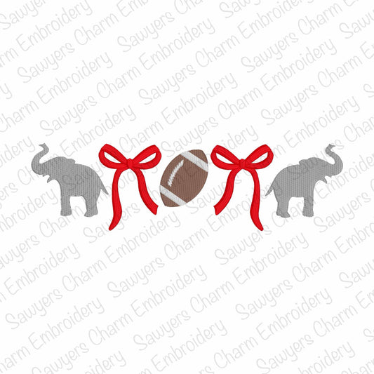 Trendy coquette bows elephant, football fill stitch, machine embroidery design file, fall sports, college mascot, larger sizes, cheer, fan