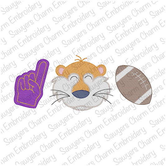 Tiger mascot, foam finger, football trio, sketch stitch machine embroidery design file, fall sports, quick stitch, college, number one fan