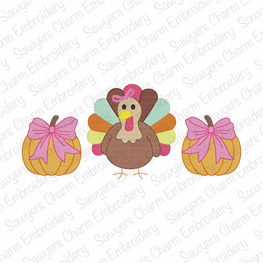 Turkey & pumpkins with coquette bow sketch stitch trio, machine embroidery design, perfect for fall, thanksgiving, gobble, quick stitch
