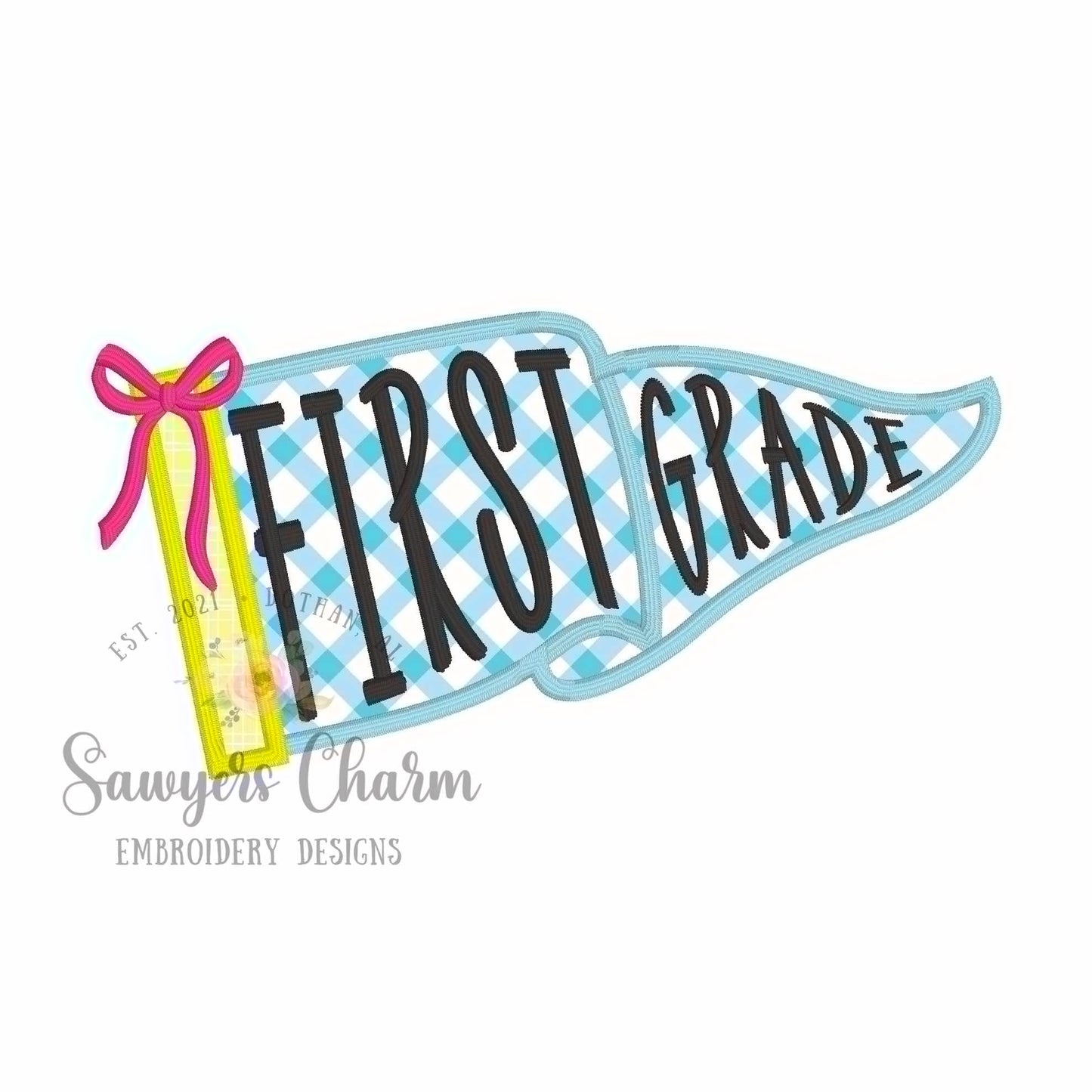 First Grade Pennant satin stitch applique, with coquette bow, ITH project, back to school