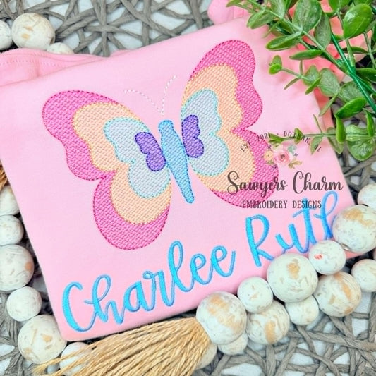 Rainbow butterfly sketch stitch machine embroidery design, spring, summer, outdoors, insects, bugs