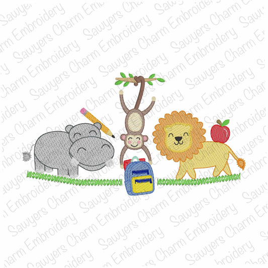 BUNDLE Back to school Zoo/jungle/safari animals with/without bows sketch stitch trio, machine embroidery design, hippo, monkey on vine, lion