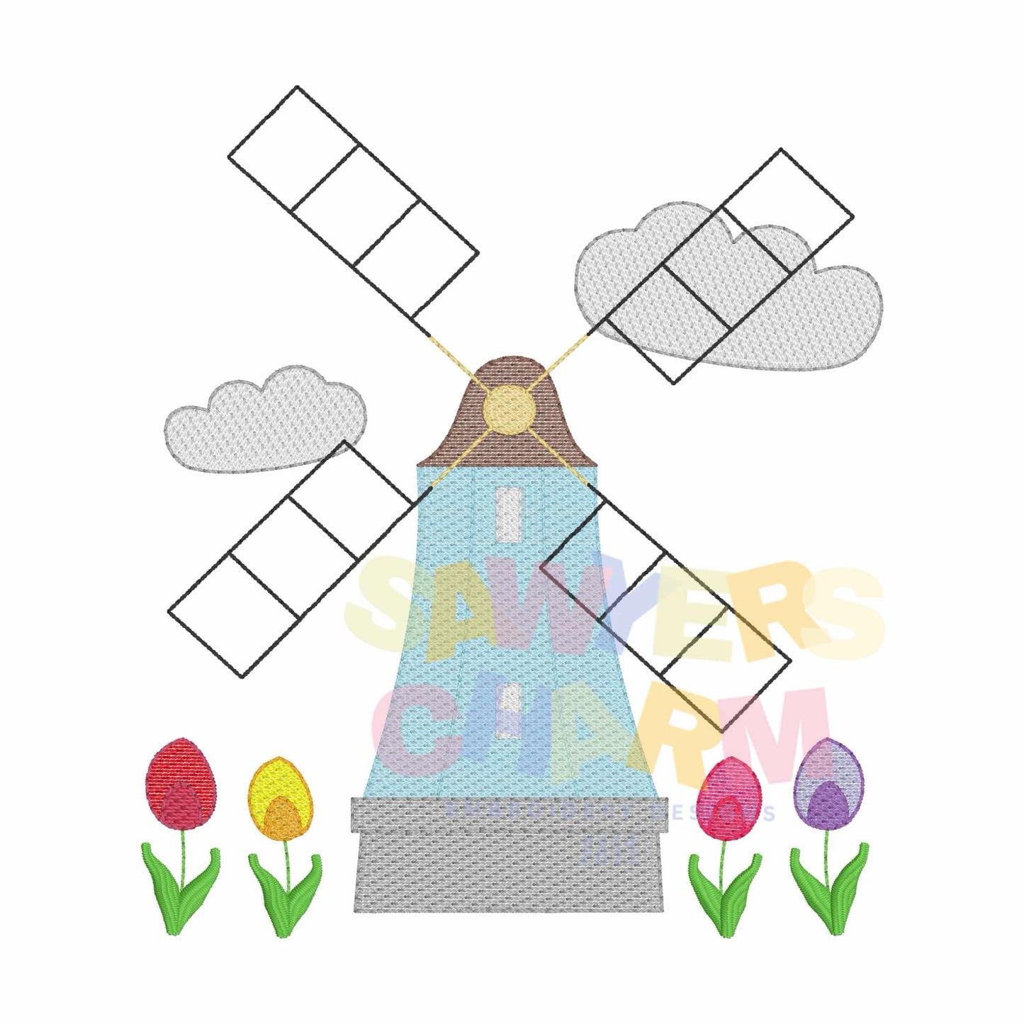 Windmill & tulips sketch stitch machine embroidery design file, quick stitch, spring flowers, Netherlands