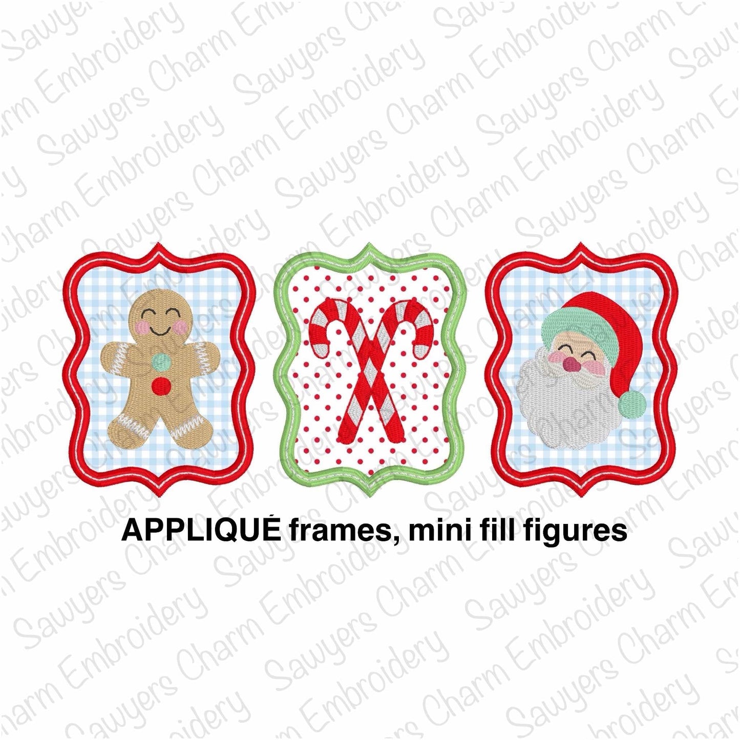 Christmas frames APPLIQUE trio satin & fill stitch machine embroidery design, Gingerbread, candy canes, Santa Claus mini fill, happy holiday