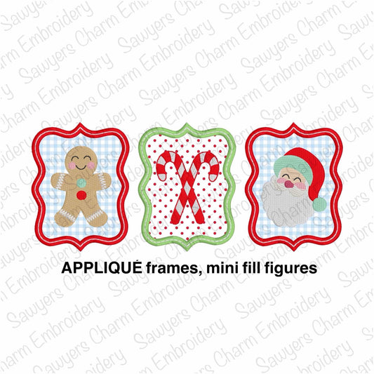 Christmas frames APPLIQUE trio satin & fill stitch machine embroidery design, Gingerbread, candy canes, Santa Claus mini fill, happy holiday