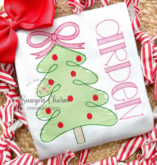 Christmas tree with coquette bow, scribble sketch stitch machine embroidery design file, quick stitch, holidays boho/woodland watercolor
