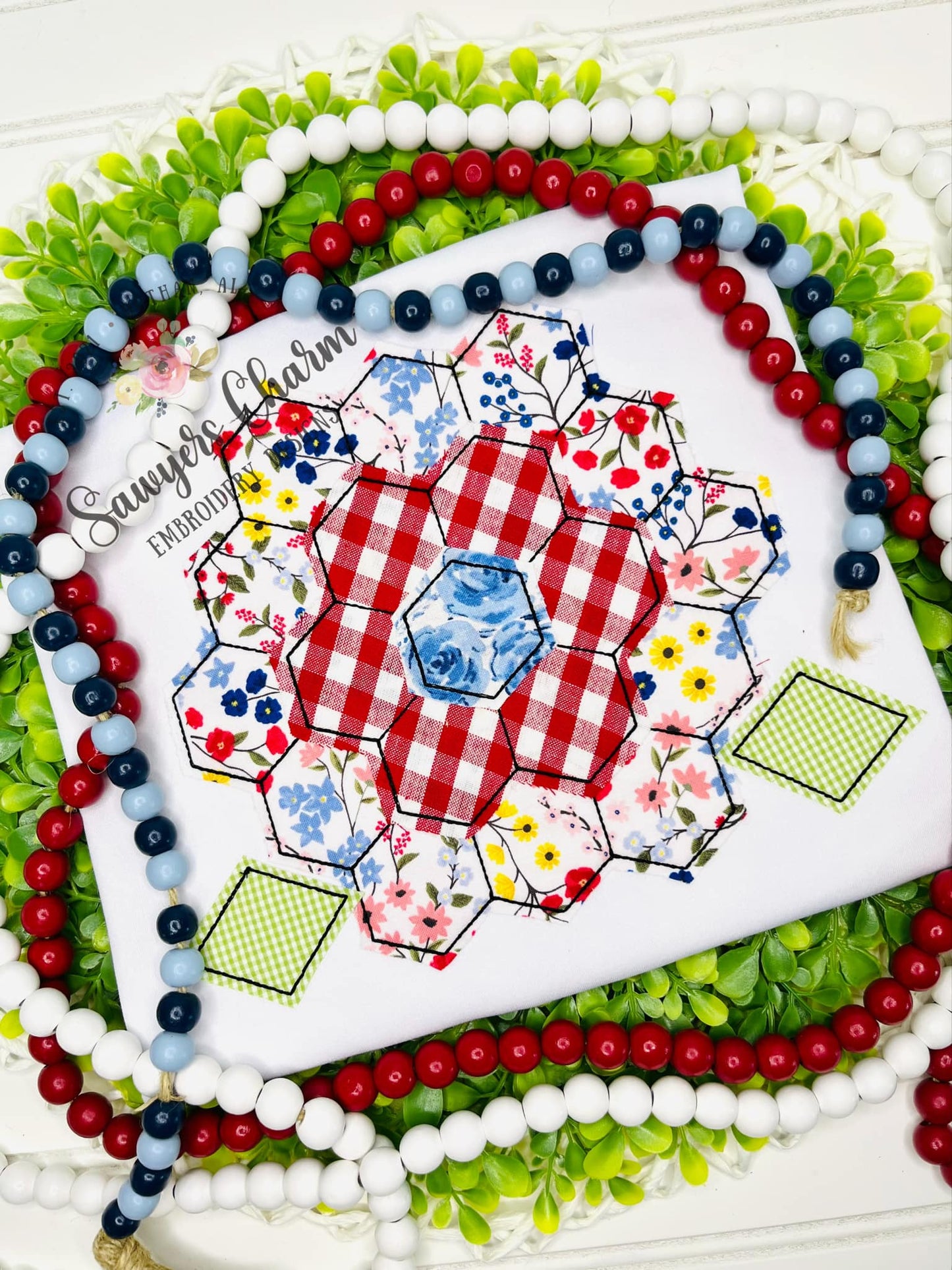 Hexagon flower bean stitch applique with leaves, machine embroidery file, vintage quilt design, grandmother's flower garden