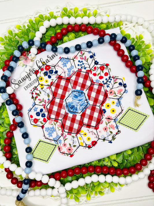 Hexagon flower bean stitch applique with leaves, machine embroidery file, vintage quilt design, grandmother's flower garden