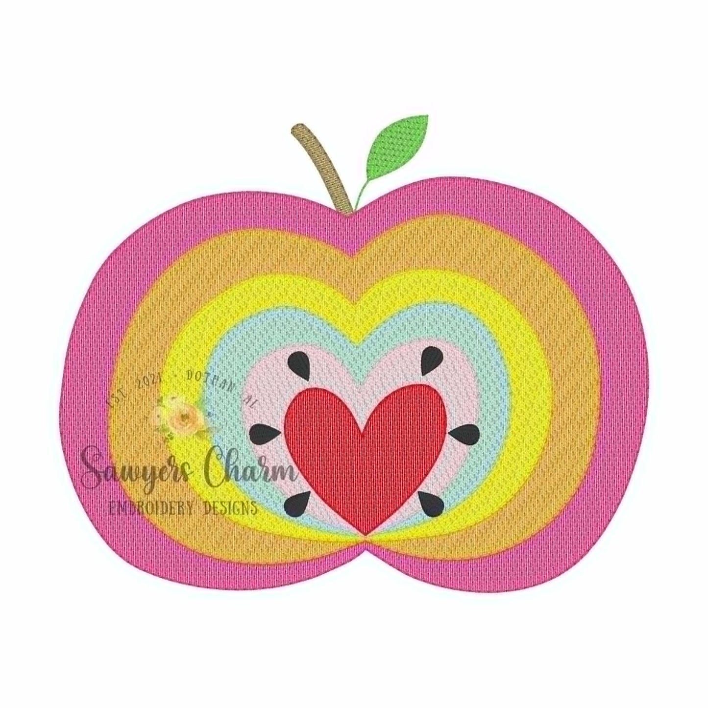Rainbow apple with heart sketch stitch embroidery design, Back to School