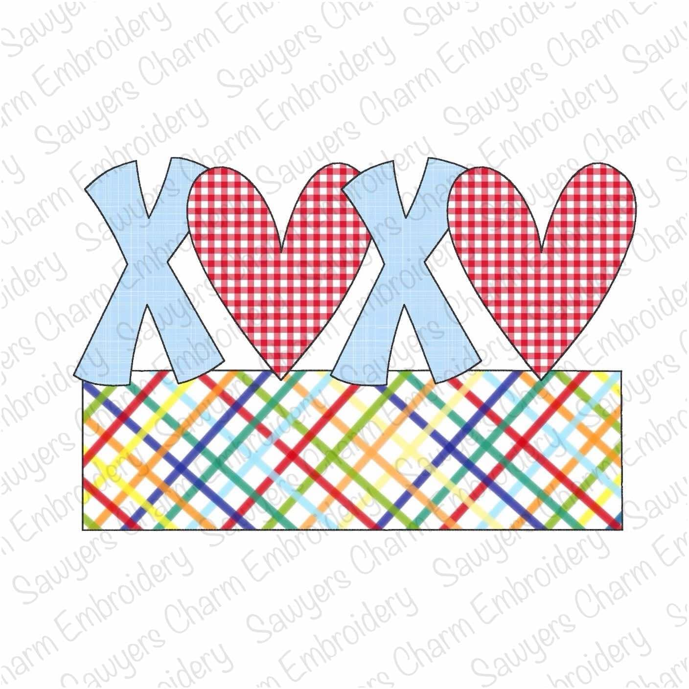 BUNDLE XOXO hearts with name plate zig zag & bean stitch applique, machine embroidery design, Valentine's Day love