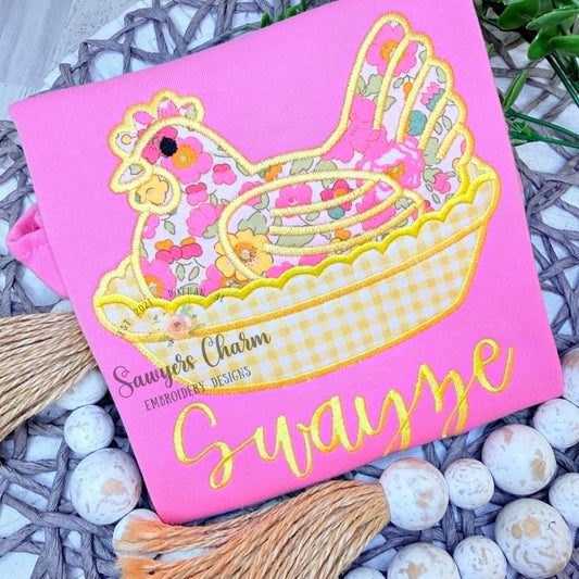 Hen on nest satin stitch machine applique embroidery design, Vintage spring chicken