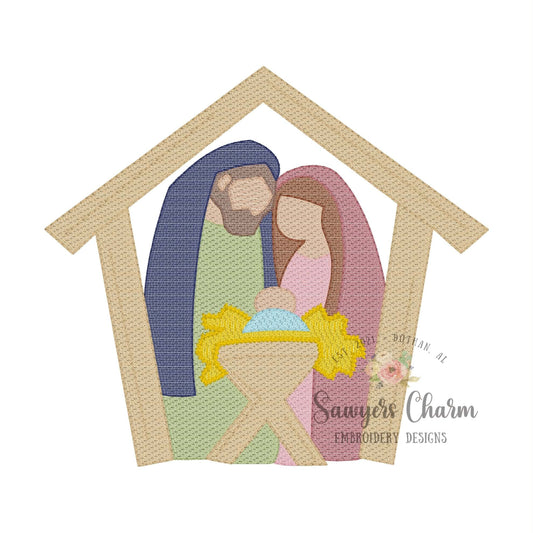 Nativity manger scene sketch stitch embroidery design, whimsical Christmas with Baby Jesus, Mary, Joseph