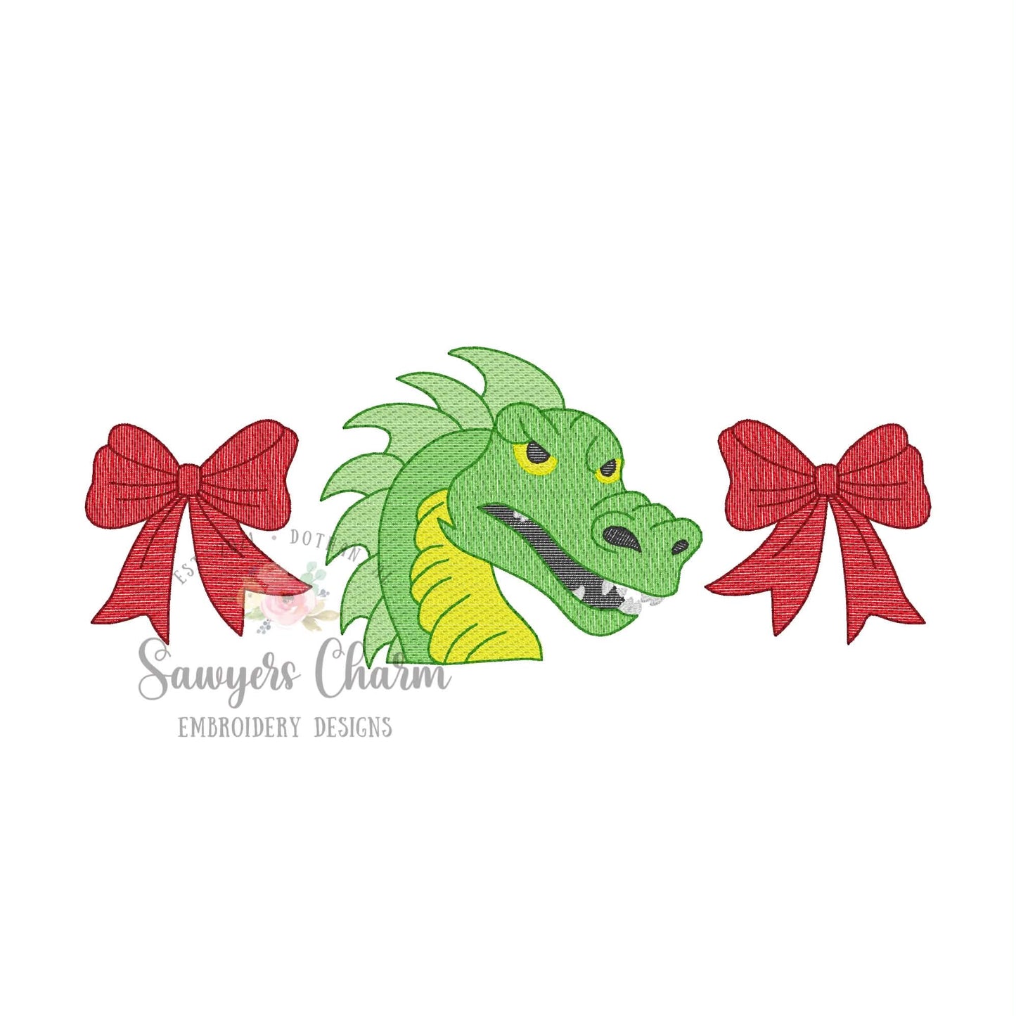 Dragon mascot & coquette bow trio, sketch stitch embroidery design, fall sports, cheer, dance, football