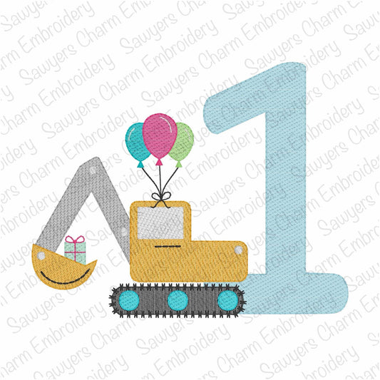 First birthday excavator with balloons & gift/present sketch stitch machine embroidery design, construction, transportation, city vehicle