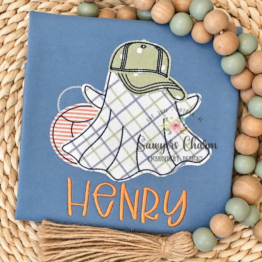 Ghost with ballcap & candy bucket bean stitch machine applique embroidery design, quick stitch, fall, halloween spooky season trick or treat