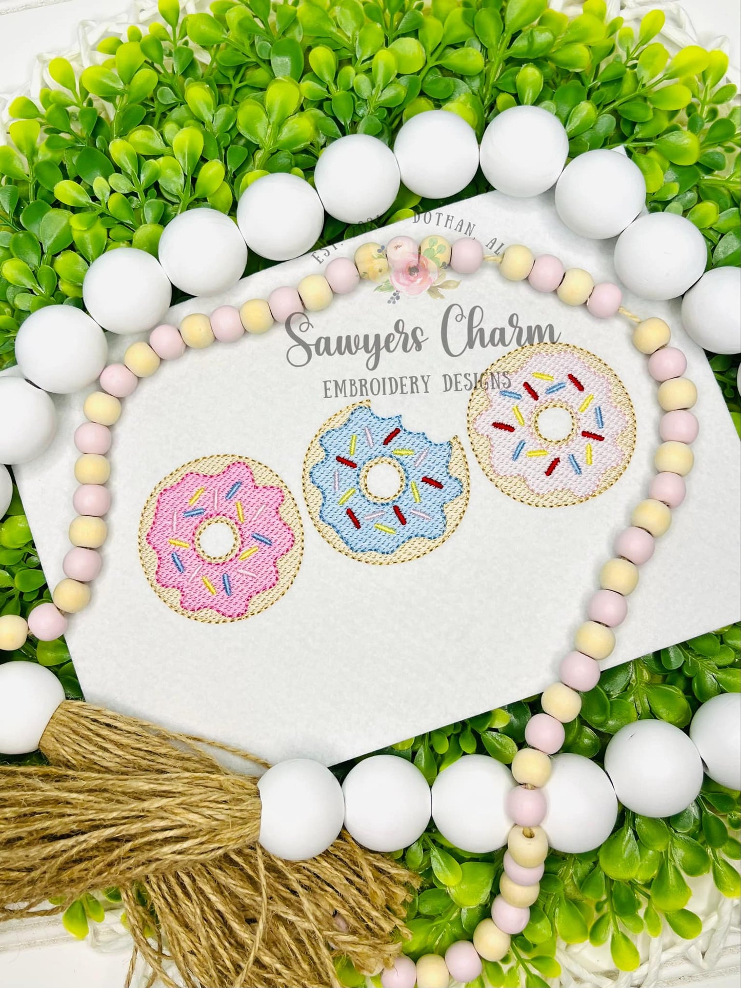 Donut with sprinkles sketch stitch trio machine embroidery design, bean stitch details, summer & birthday snack