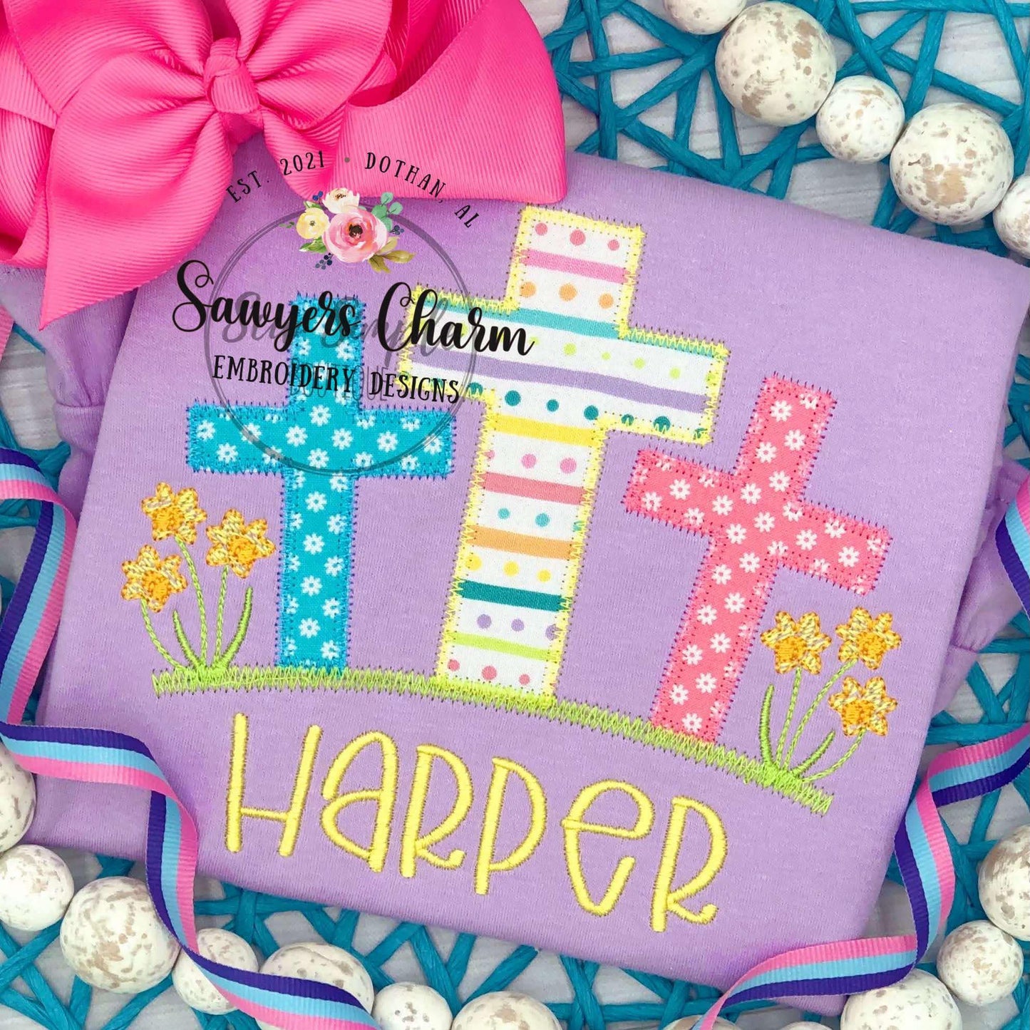 Cross trio zig zag stitch applique BUNDLE, machine embroidery design, Easter, He is risen, with/without daffodil flowers