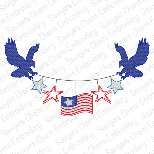 Patriotic Eagle bunting banner sketch stitch machine embroidery design, American flag, stars and stripes