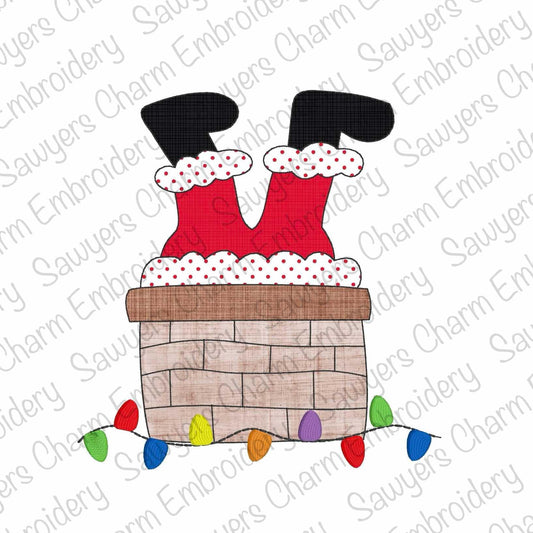 BUNDLE Santa Claus stuck in chimney bean & zig zag stitch machine embroidery applique design, happy holidays, Merry Christmas, lights