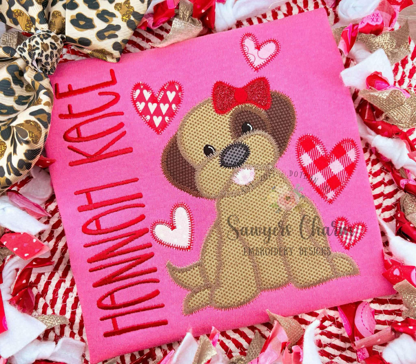 Puppy dog with coquette bow & hearts zig zag stitch machine applique embroidery design