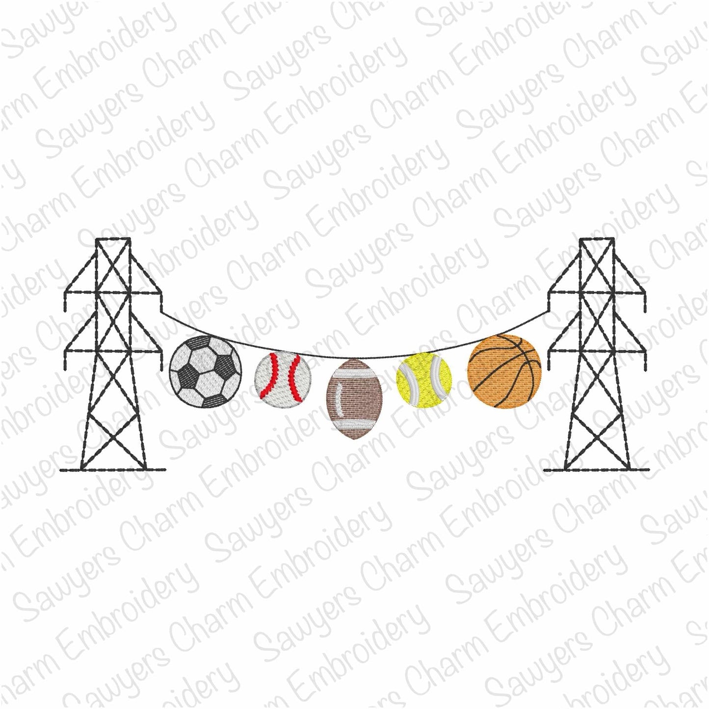 Transmission tower lineman sports bunting banner, sketch stitch machine embroidery design, soccer, baseball, tennis, basketball, football