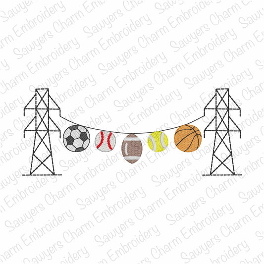 Transmission tower lineman sports bunting banner, sketch stitch machine embroidery design, soccer, baseball, tennis, basketball, football