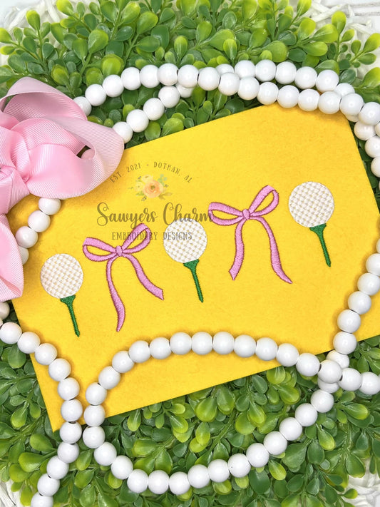 Trendy Coquette Bows & golf ball on tee fill stitch, machine embroidery design, Larger sizes included, perfect for sports fan/mom, cheer