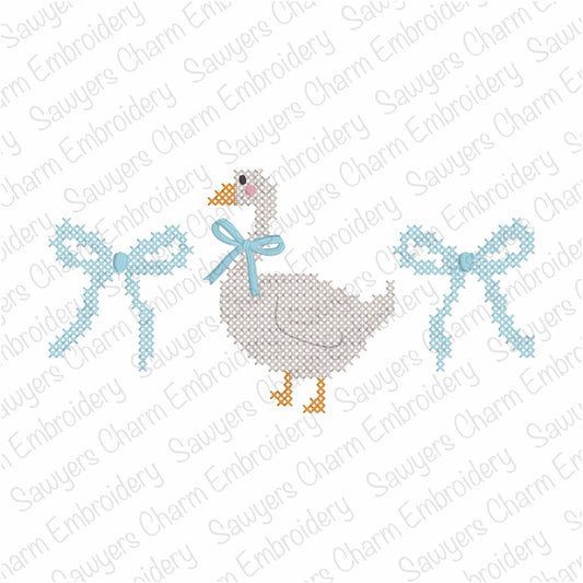 Cross stitch goose with coquette bows trio machine embroidery design file, spring farm animal, Easter, duck