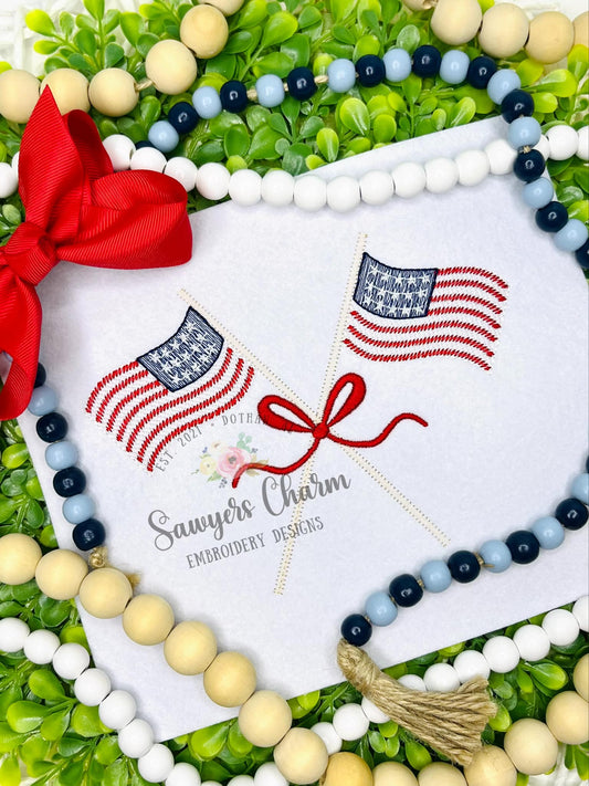 American flags sketch stitch with coquette bow, machine embroidery design, 4th of July, patriotic, stars & stripes