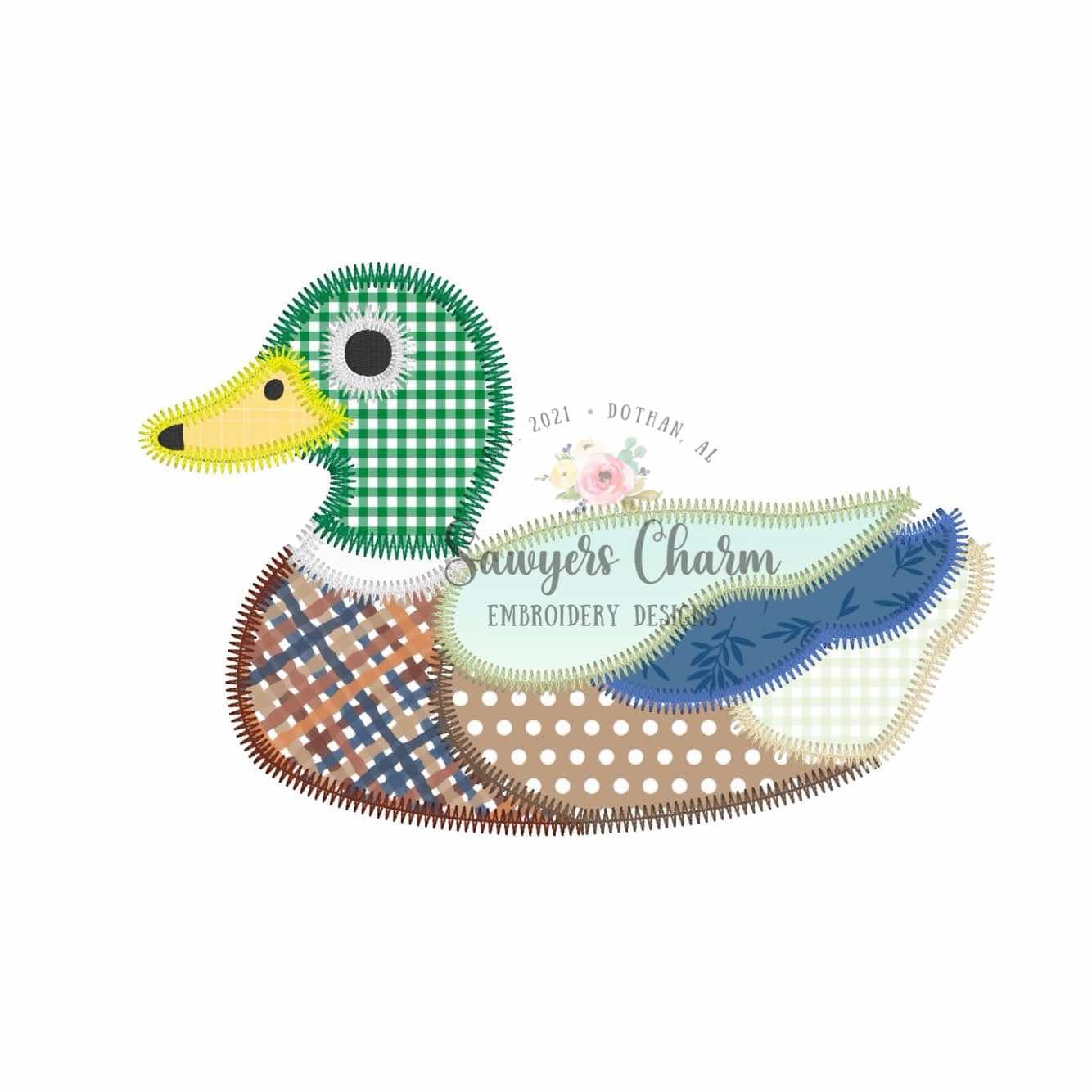 Patchwork mallard duck, zig zag stitch applique BUNDLE, embroidery design, with/without coquette bow, Vintage, spring
